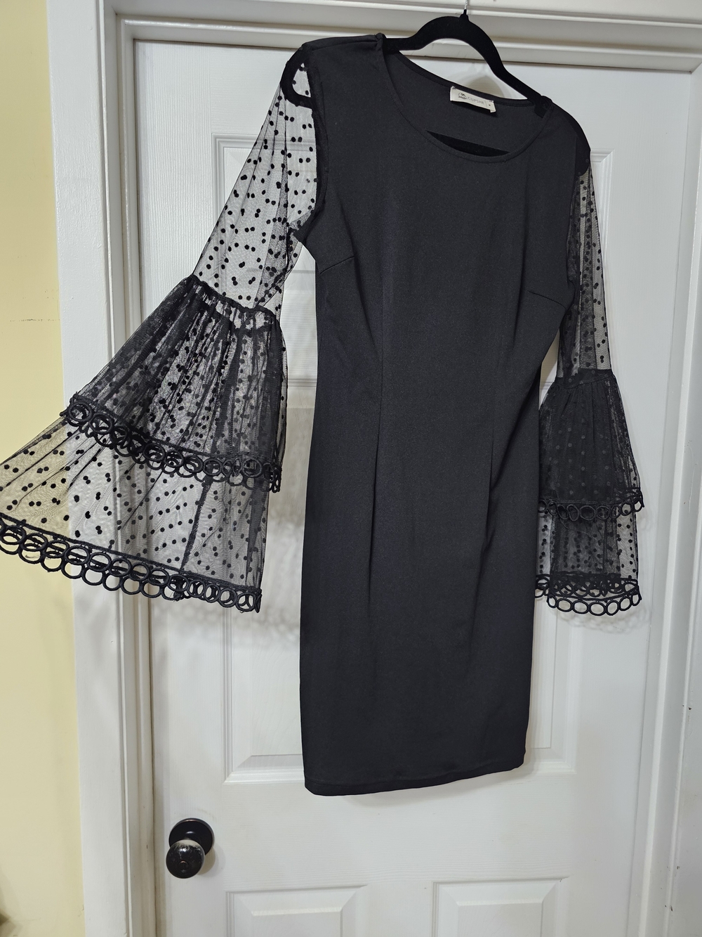 Cupshe Black Midi Dress with Sheer Polka-Dot Bell Sleeves